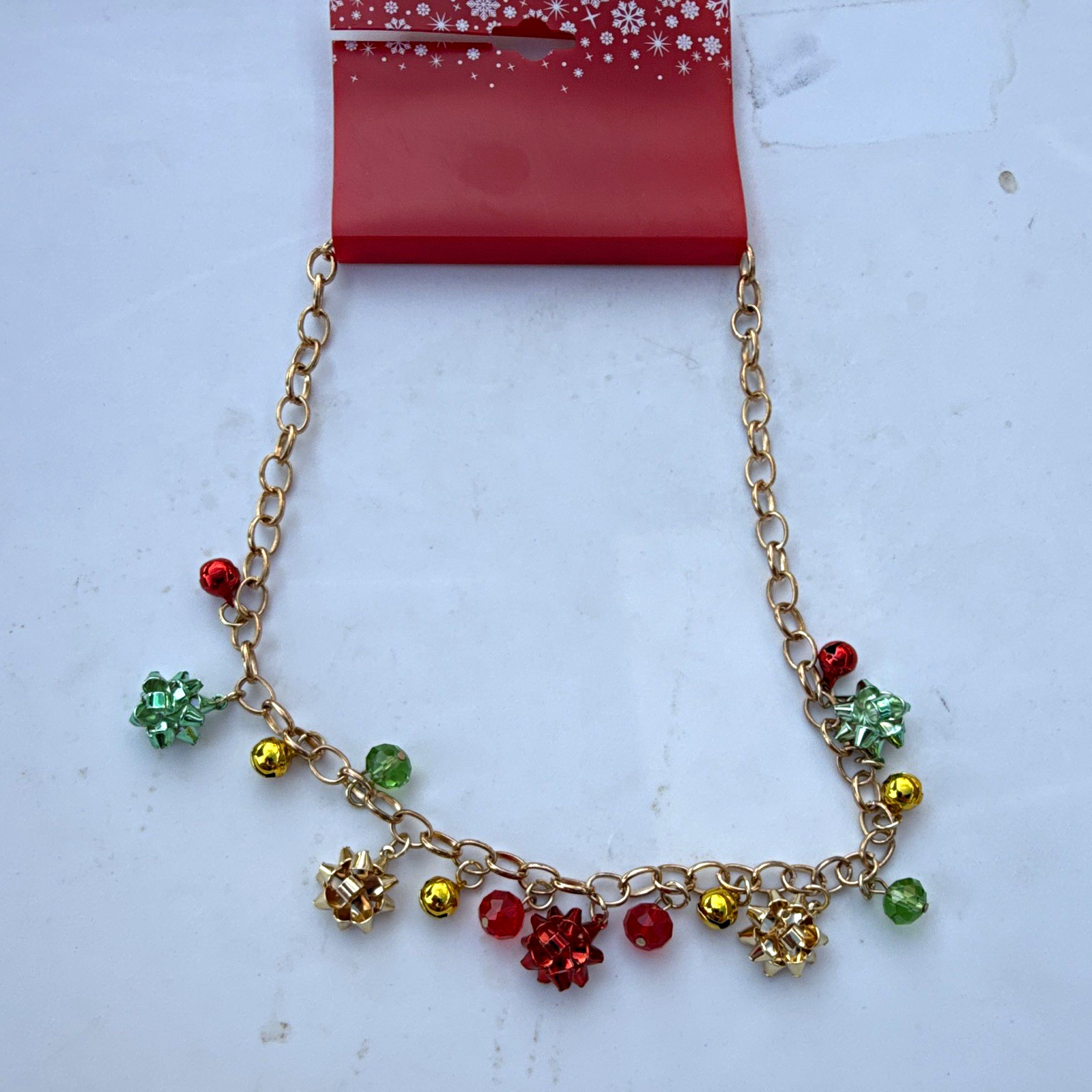 Kohl’s Gold Tone Cable Chain Christmas Charm Necklace Bow Adjustable No Stone