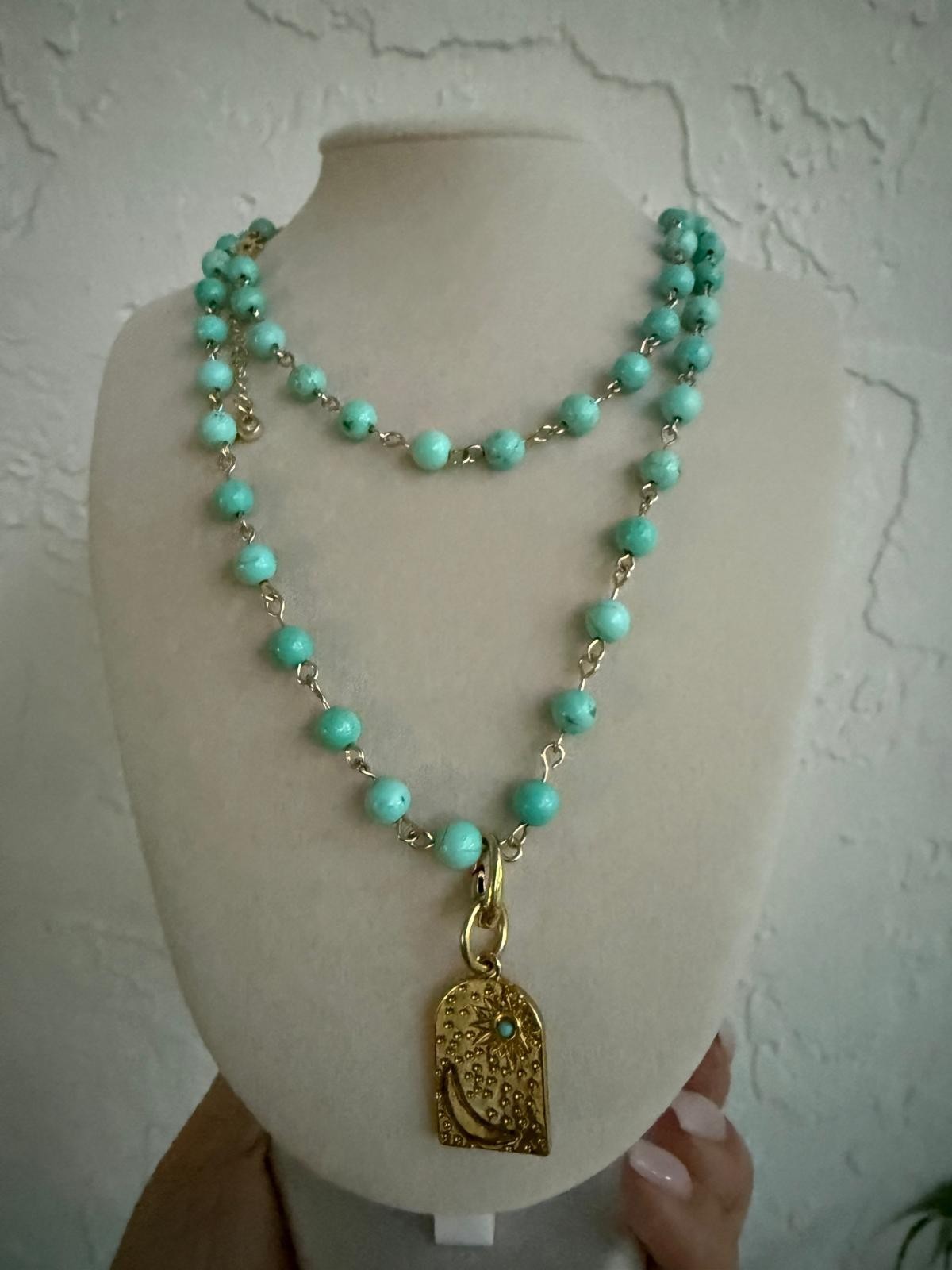 Turquoise Beaded Necklace Gold Celestial Moon Sun Pendant Statement Boho