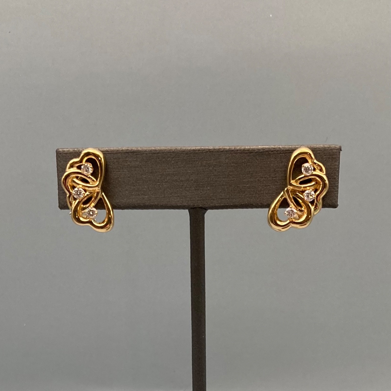 Tiffany & Co. 18K Gold Diamond Triple Heart Earrings w/ Case, Pouch, and Box