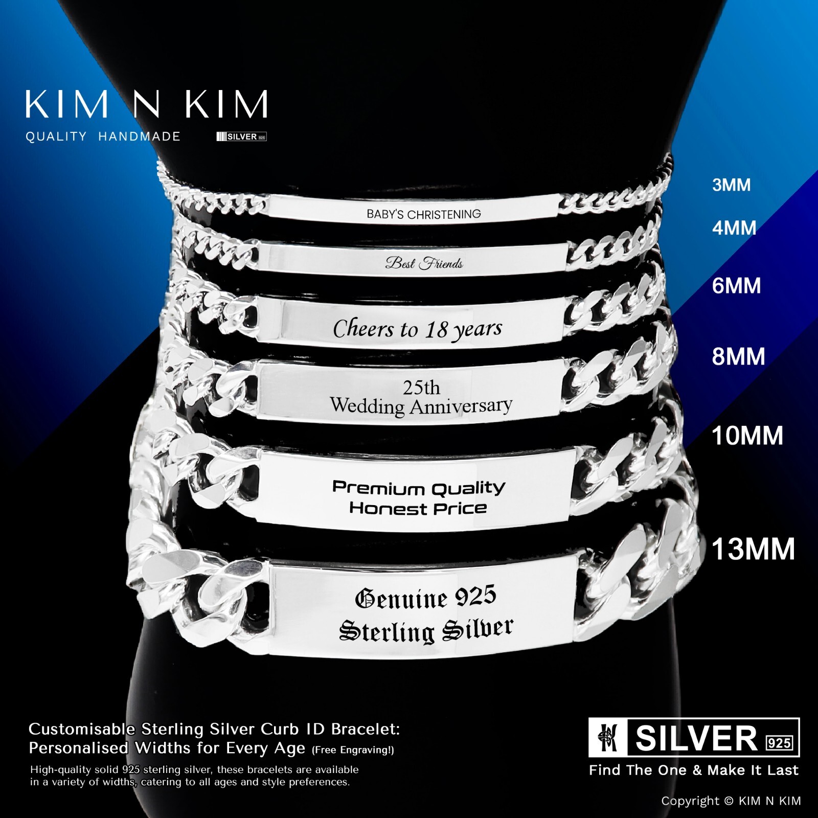 Quality Sterling Silver ID Bracelet, Personalised Gift for Men, Women, Kids