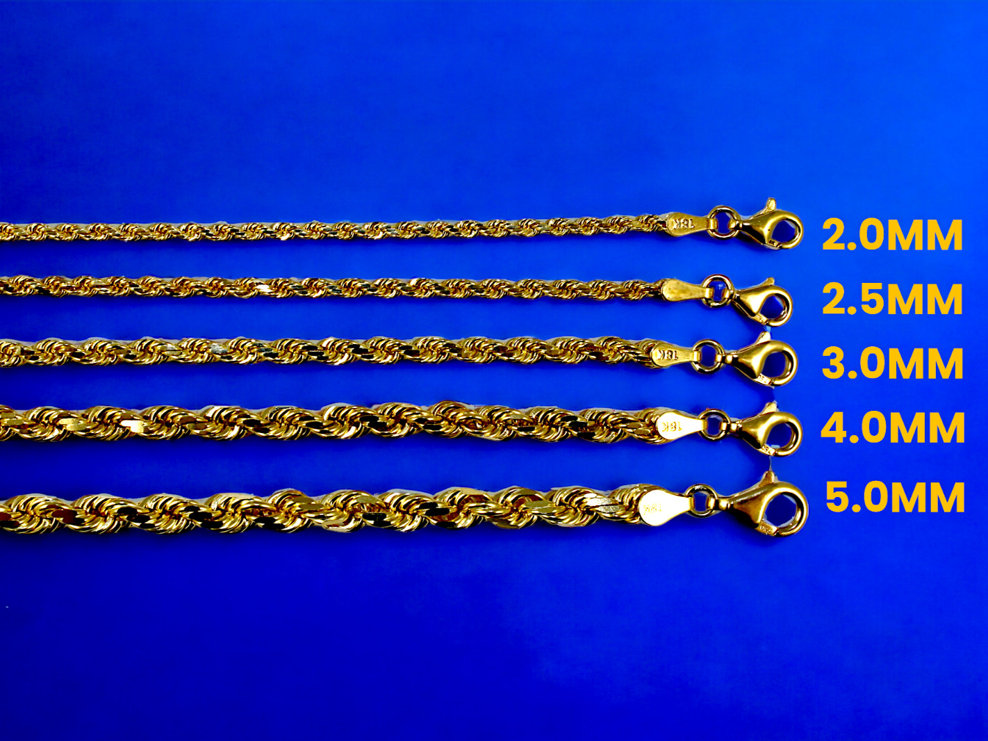 18K Yellow Gold SOLID Rope Chain Necklace Diamond Cut Real Gold 2mm-6mm 16″-30″