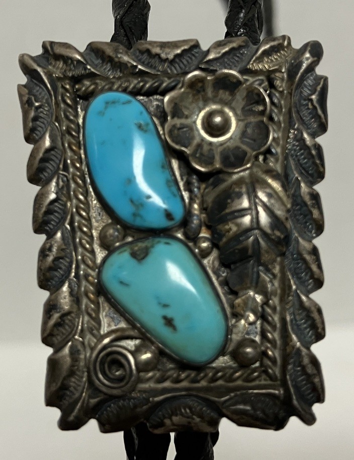 Vintage Native American Sterling Silver Turquoise Bolo Tie Signed