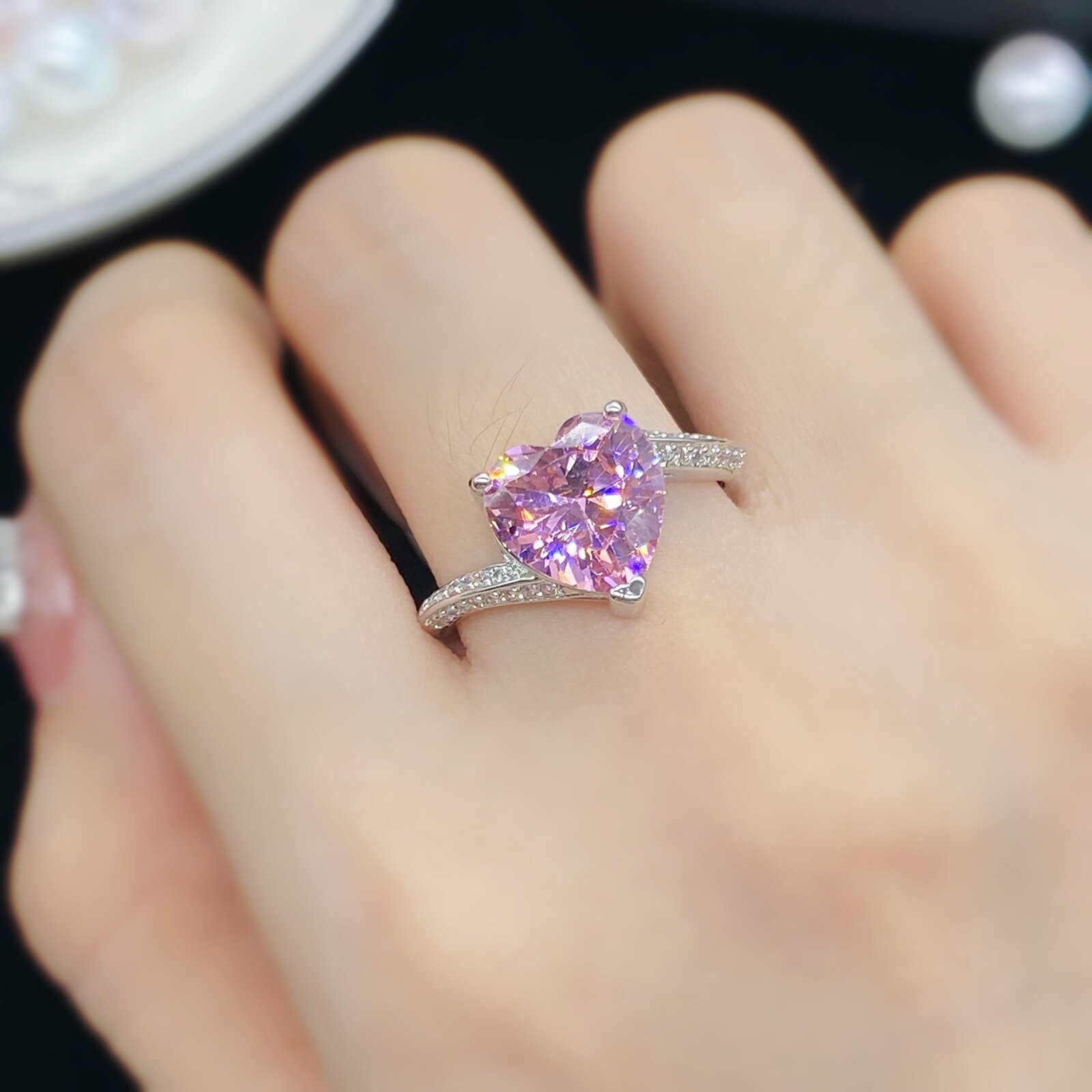 18K White Gold Plated Pink Gemstone Crystal Love Heart Ring for Women,Gifts