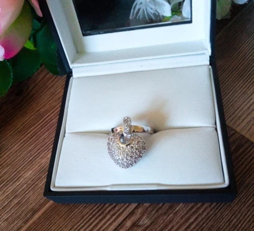 14K Rose Gold Plated Dangle Heart Charm Ring Made Simulated Diamond Adjustable
