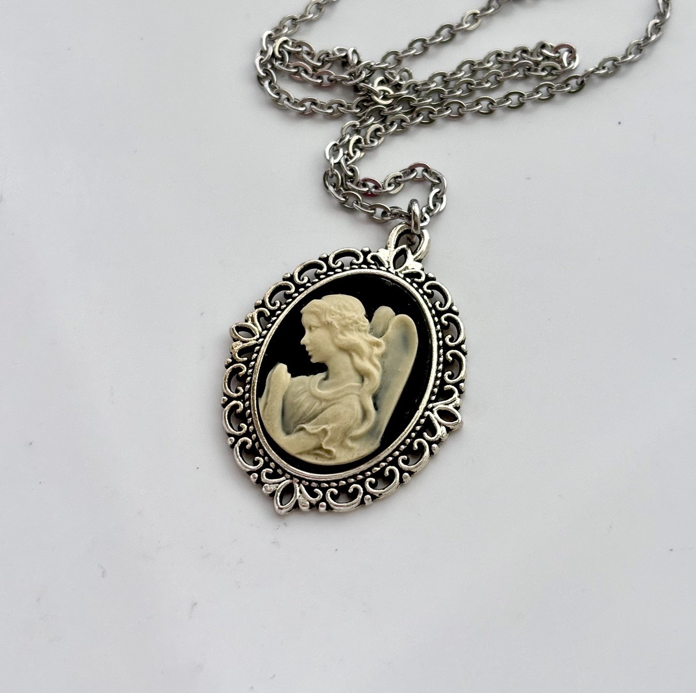 Praying Guardian Angel Cameo Necklace Ivory on Black Vintage Religious Pendant