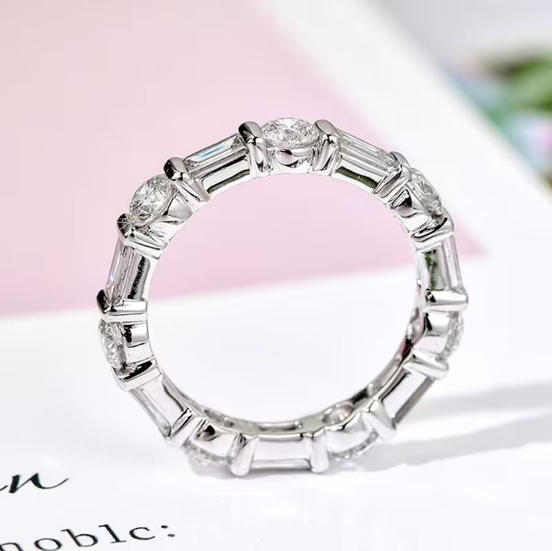 Full Eternity Moissanite Band Ring Round & Baguette 14K Yellow Gold Wedding Band