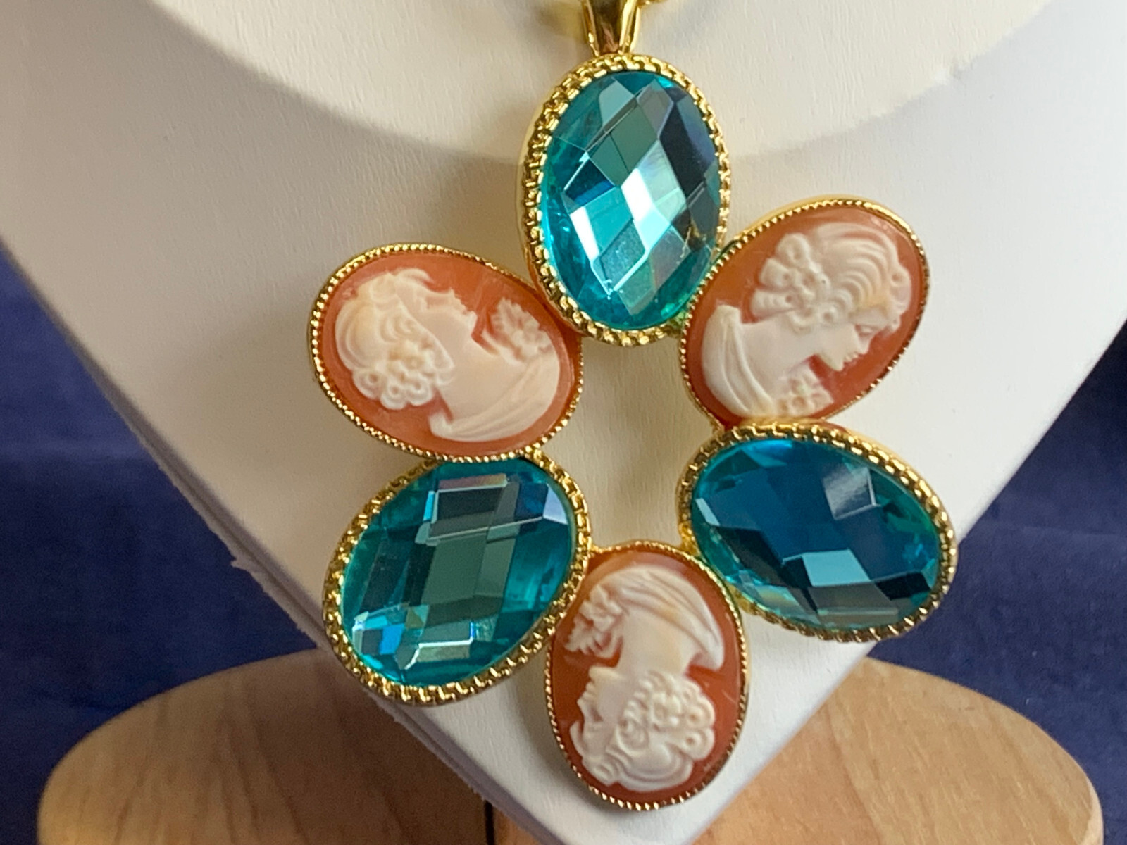 Amedeo NYC Cameo Necklace 19.5″ Fashion Jewelry Popcorn Chain Blue Topaz Color