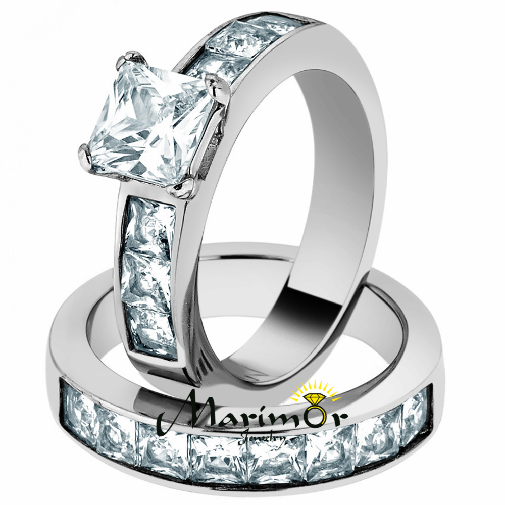 Stainless Steel Wedding Ring Set 3.75 Ct Princess Cut AAA CZ Women’s Size 5-11