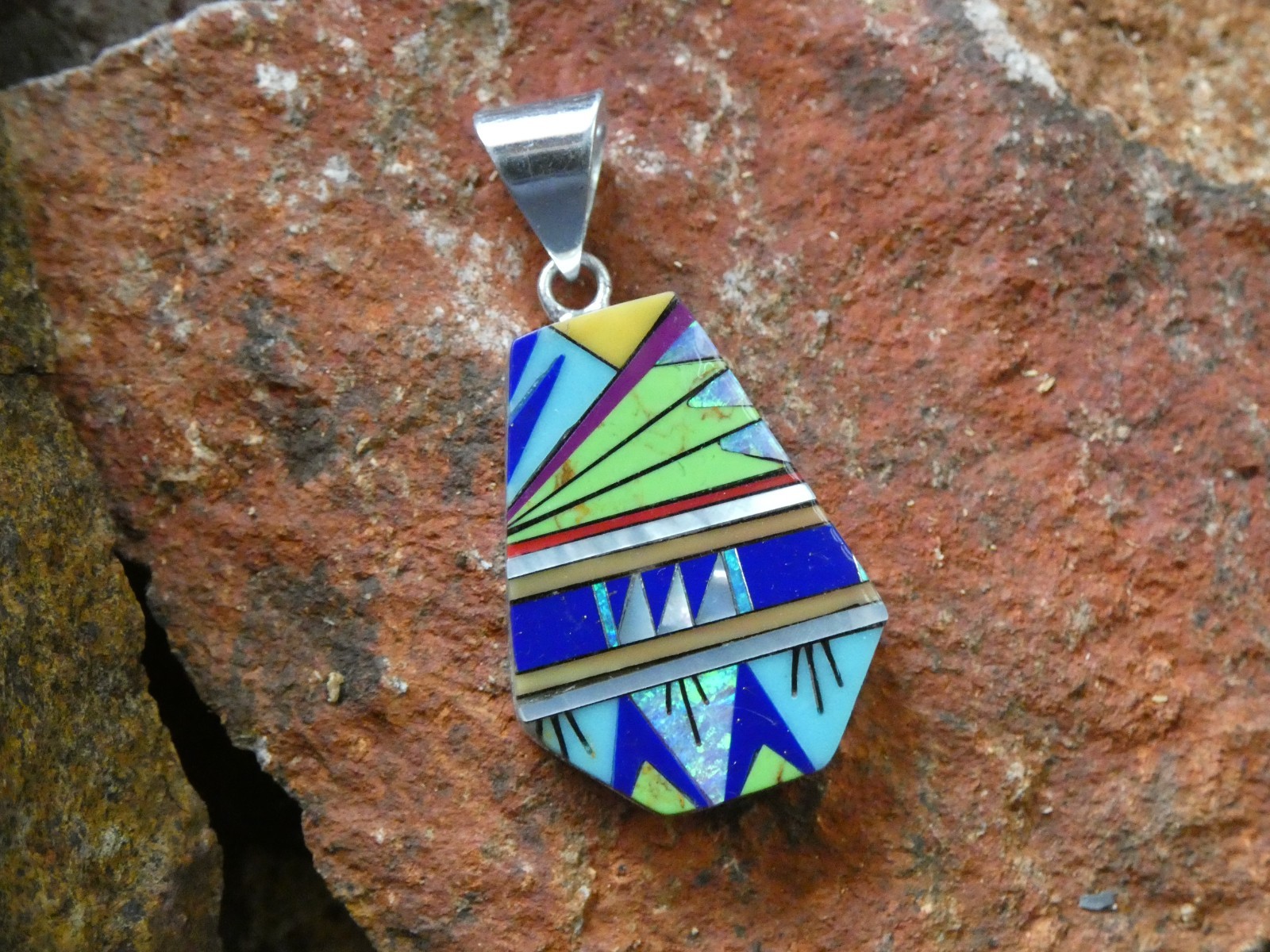 Southwestern Micro Inlay Gemstone Sterling Silver Aluminum Alloy Pendant AT5