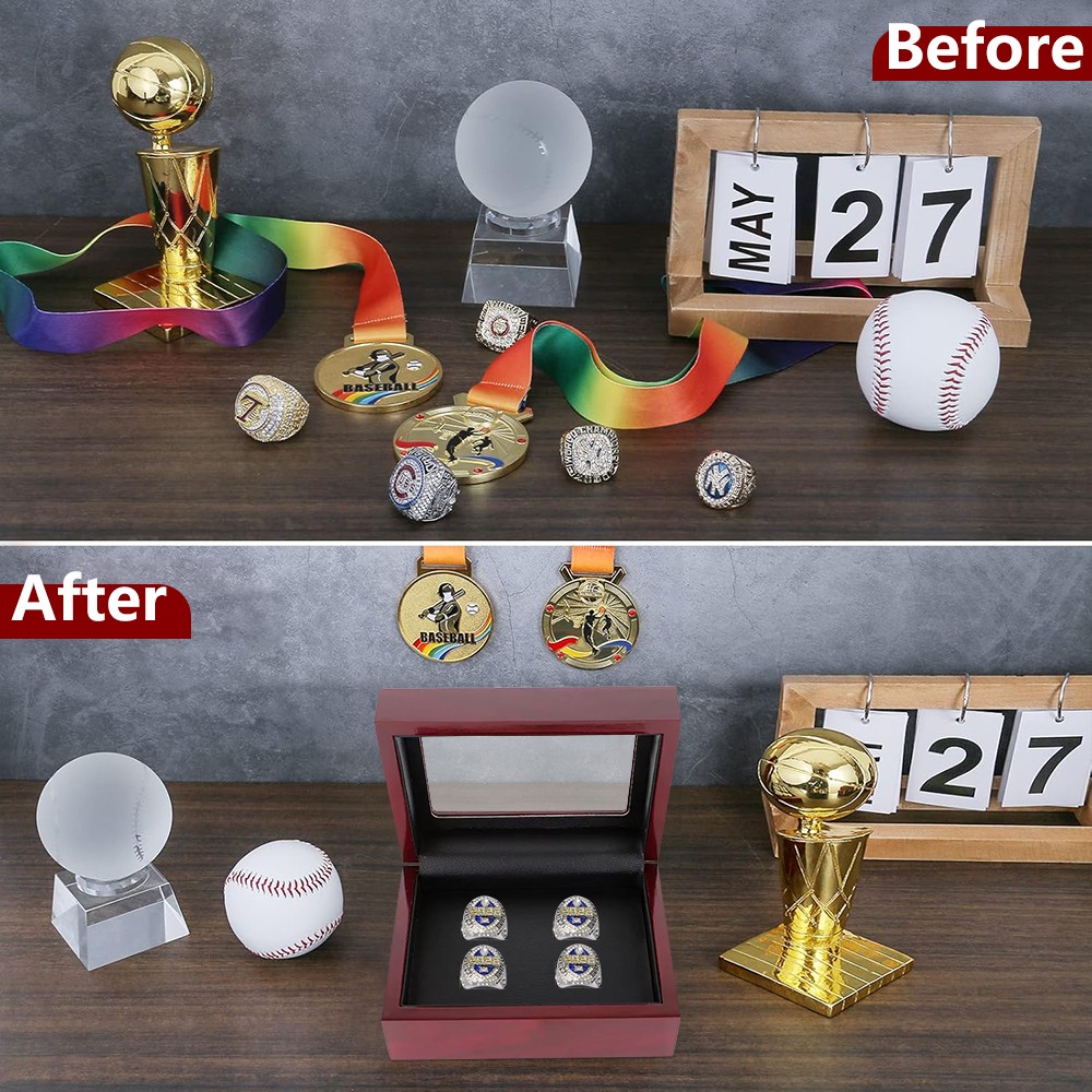 Championship Ring Display Box – Wooden Collection Case Storage Holder 1-7 Slots