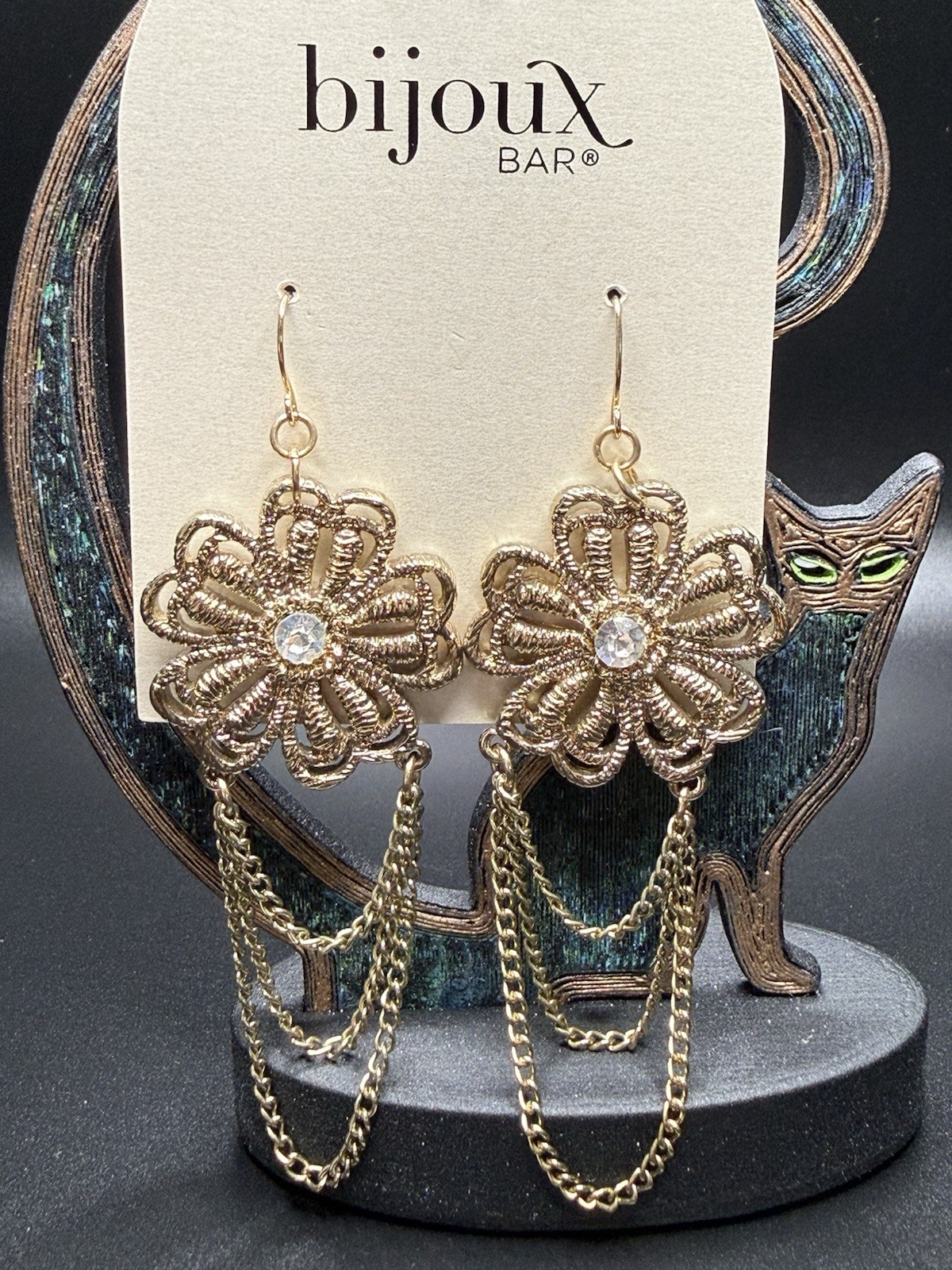 Bijoux Bar Gold Tone Flower Dangle Drop Hook Earrings Clear Round Crystal