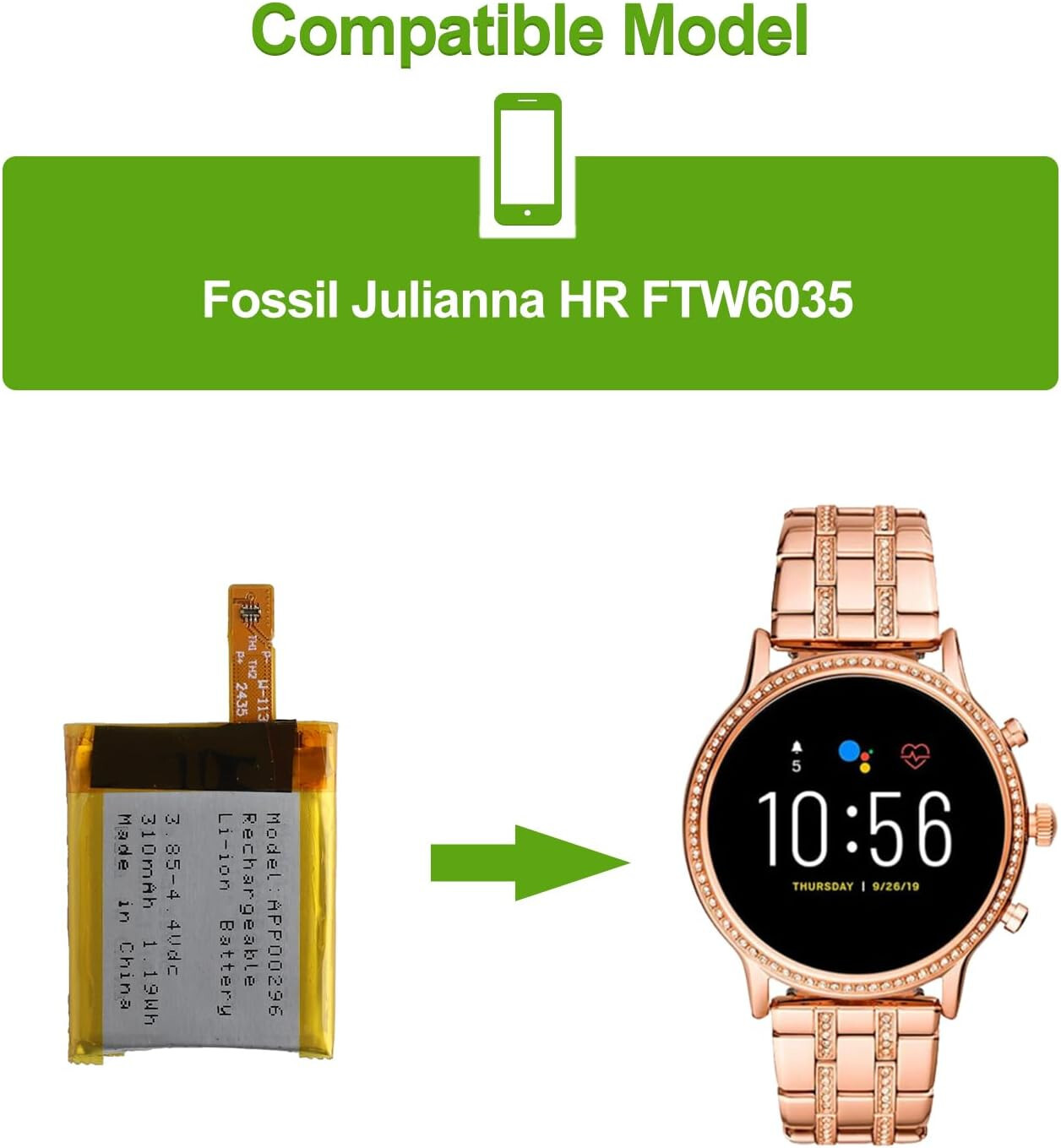 APP00296 Replacement Li-ion Battery For Fo/ssil Gen 5 Fo/ssil J