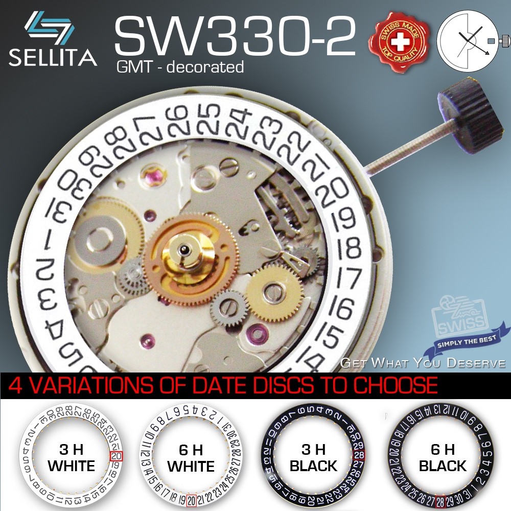 MOVEMENT SELLITA AUTOMATIC SW330-2, 4 DATE DISC OPTIONS, 3+6H WHITE, 3+6H BLACK