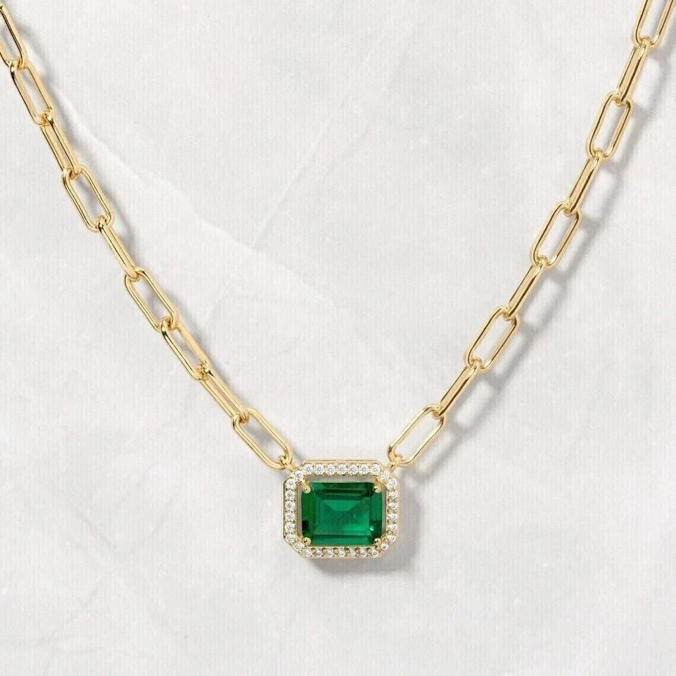 2Ct Lab Created Green Emerald Women’s Paperclip Pendant Necklace 14K Gold Plated