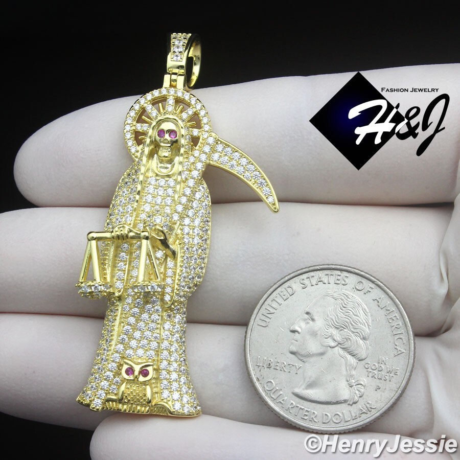 MEN 925 STERLING SILVER ICY BLING CZ 3D GOLD PLATED SANTA MUERTE PENDANT*GP518