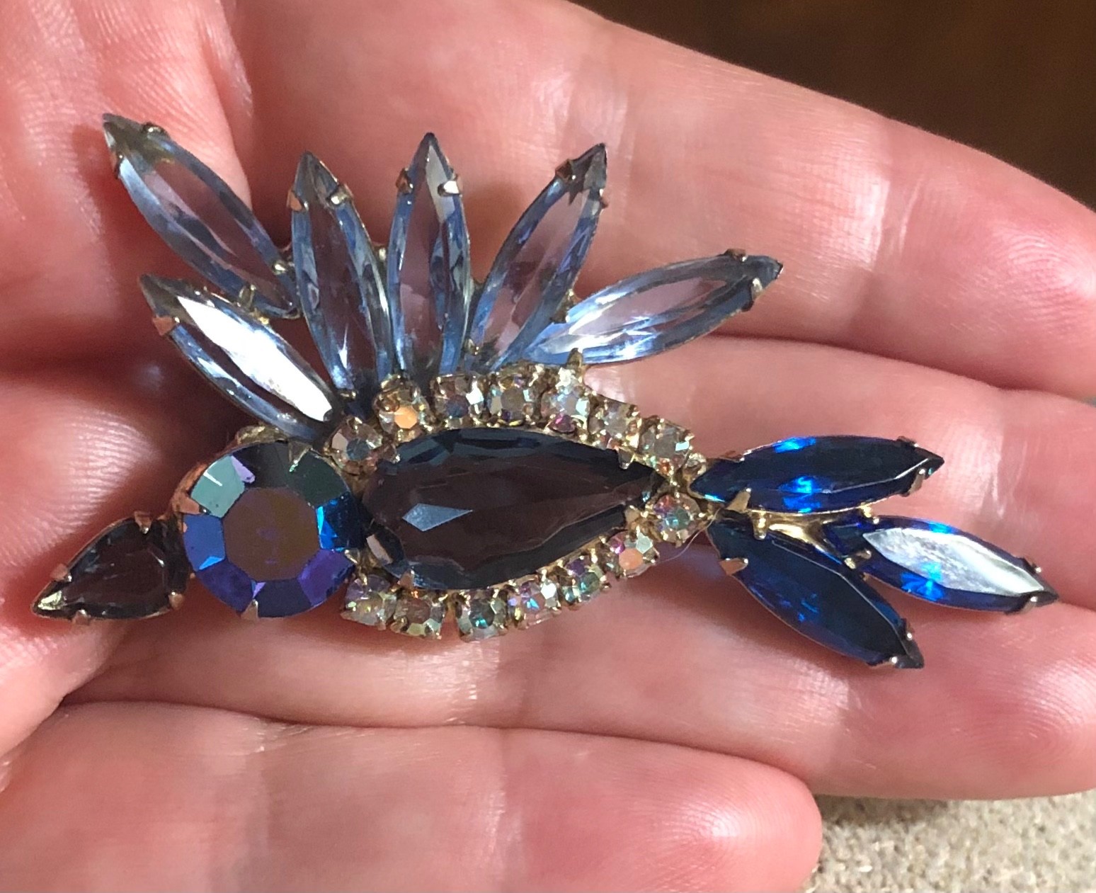 VERIFIED JULIANA Bird Brooch, Blue Rhinestone ABs, Gold Tone ID #8663