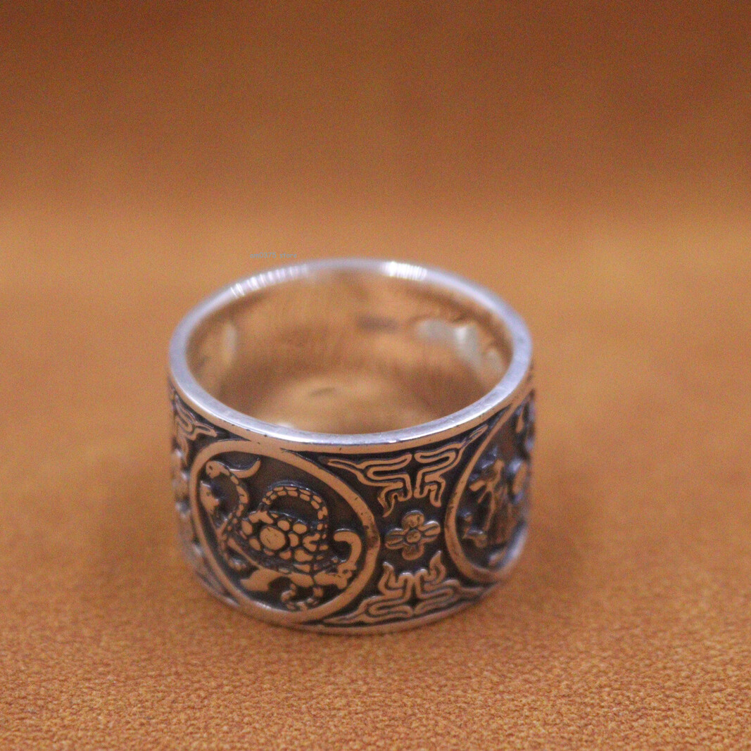 Real 999 Pure Silver Ring Men Chinese Four Great Divine Beasts Band Ring US 10