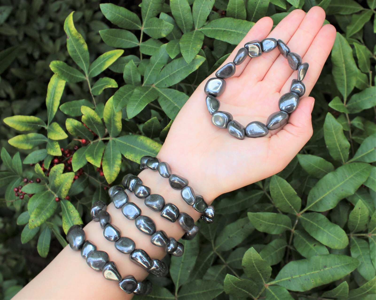 Hematite Tumbled Gemstone Bracelet 6-8 mm Nuggets (Stretch Bracelet, Gift)