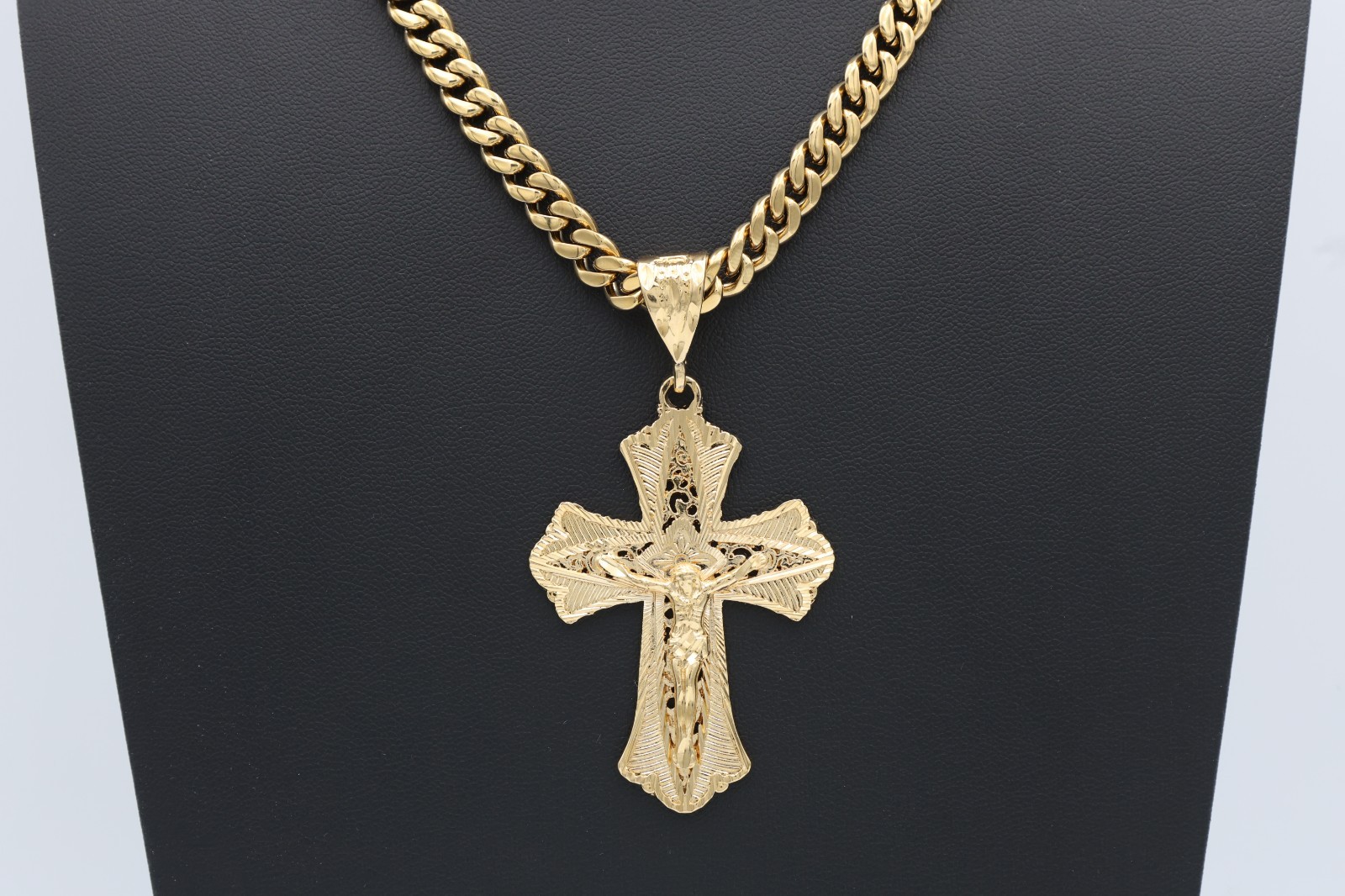Large Ornate Crucifix Necklace, 7mm Cuban Chain, 14k Heavy Plated, Unisex