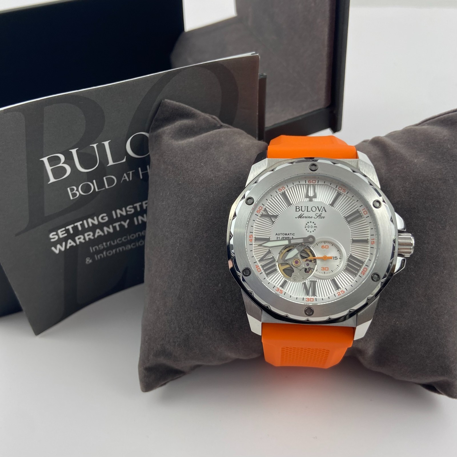 Bulova Marine Star 98A226 Automatic Watch White Dial Orange Rubber Strap 45mm