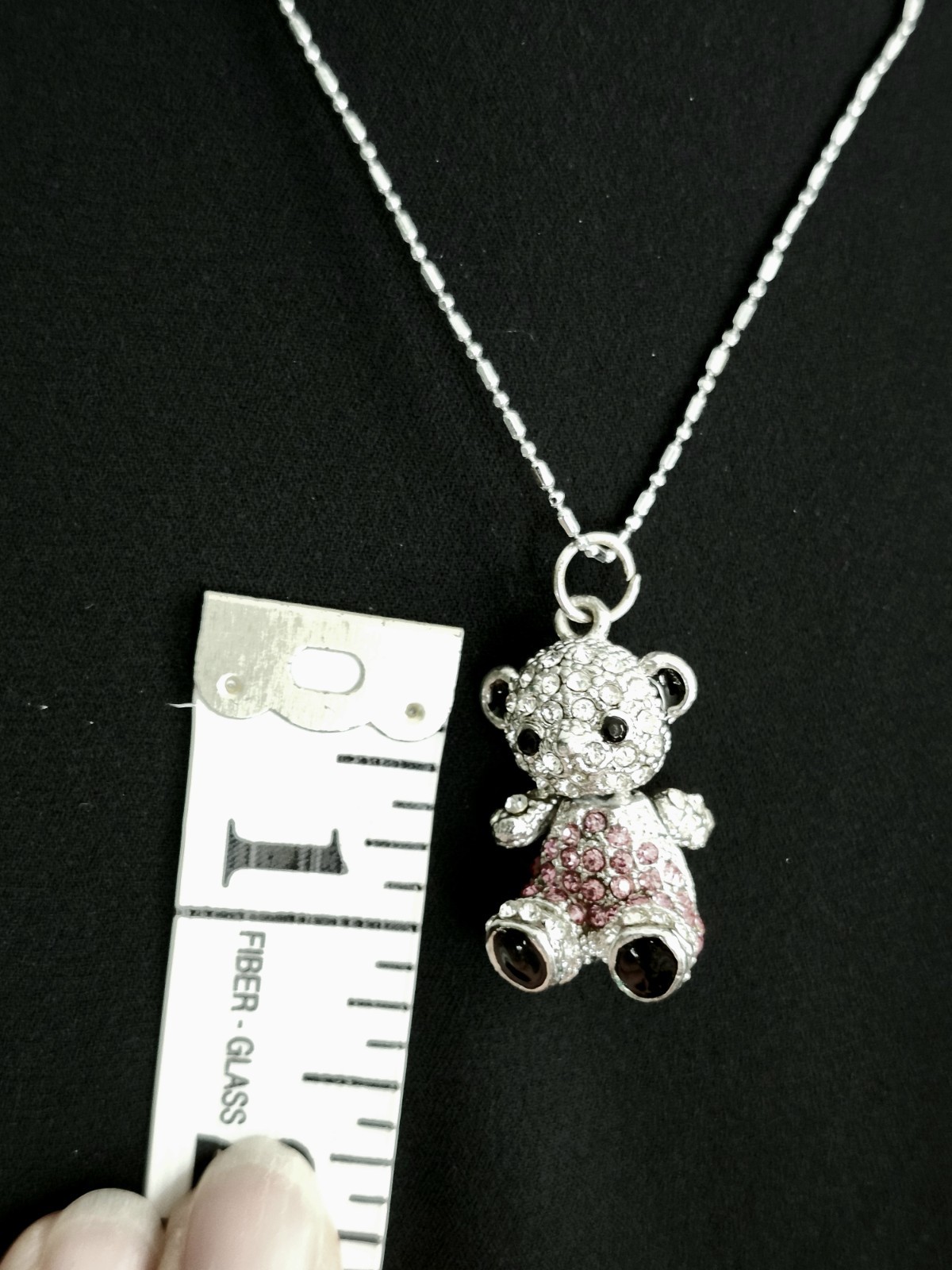 Silver Toned Teddy Bear Chrystal Pendant Necklace With Moving Head Pink White S