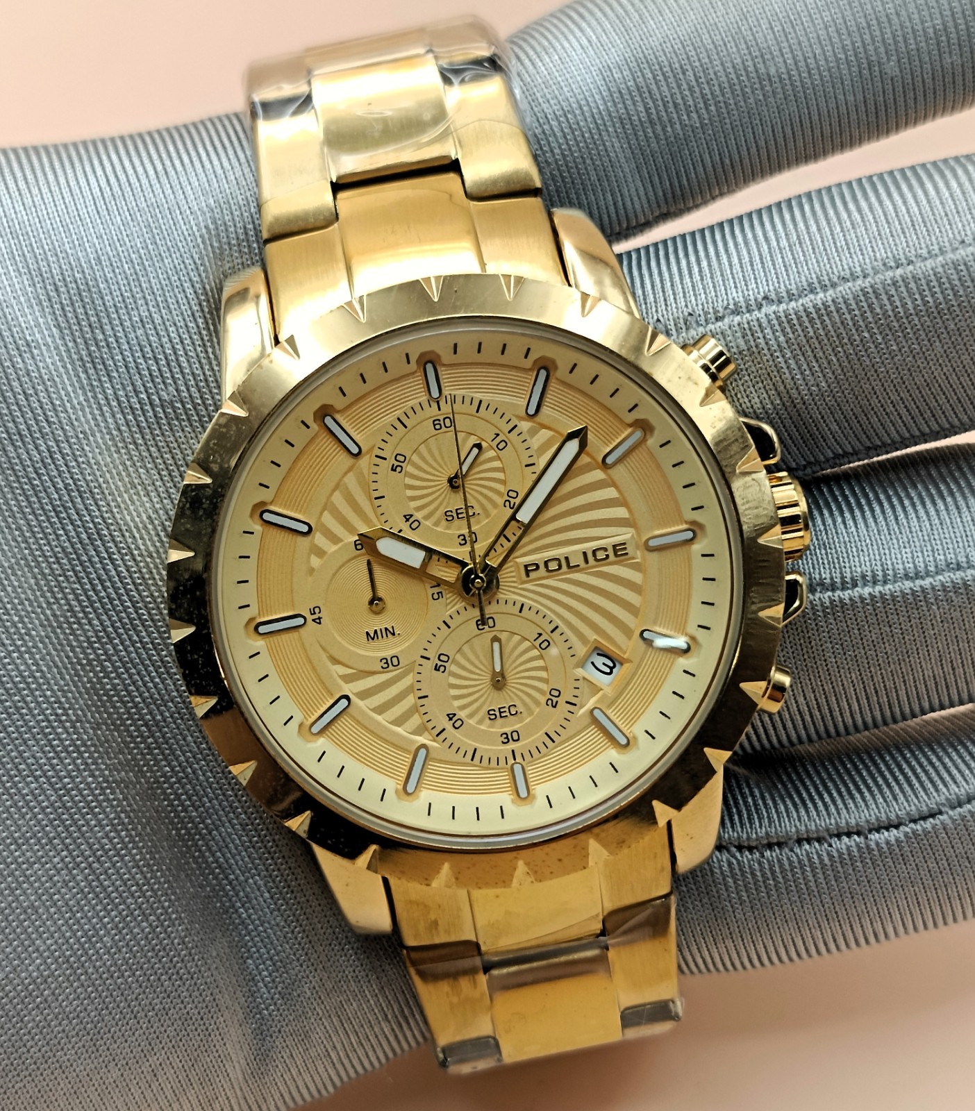 Police Chronograph Gold Plated Yellow Dial Analog Refurbished Men’s Wrist Watch