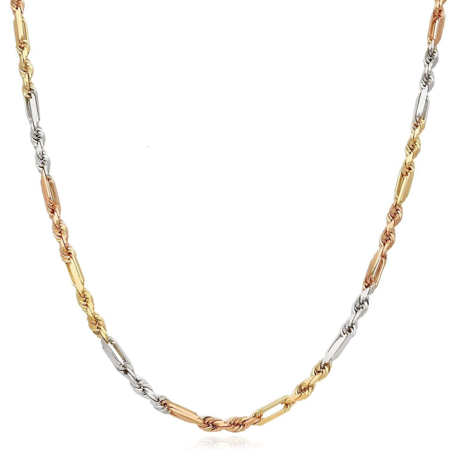 14K Tri-Color Gold Rose White 3mm Figarope Chain (Solid Links) 22″-26″