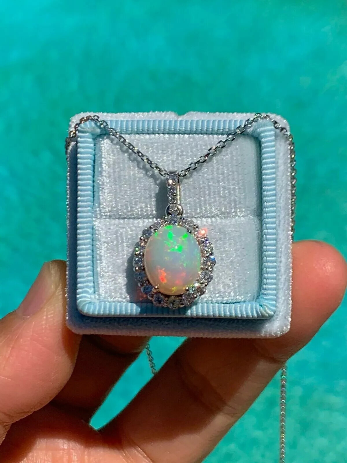 2Ct Oval Cut Fire Opal & Diamond Halo Pendant 18K White Gold Finish Free Chain