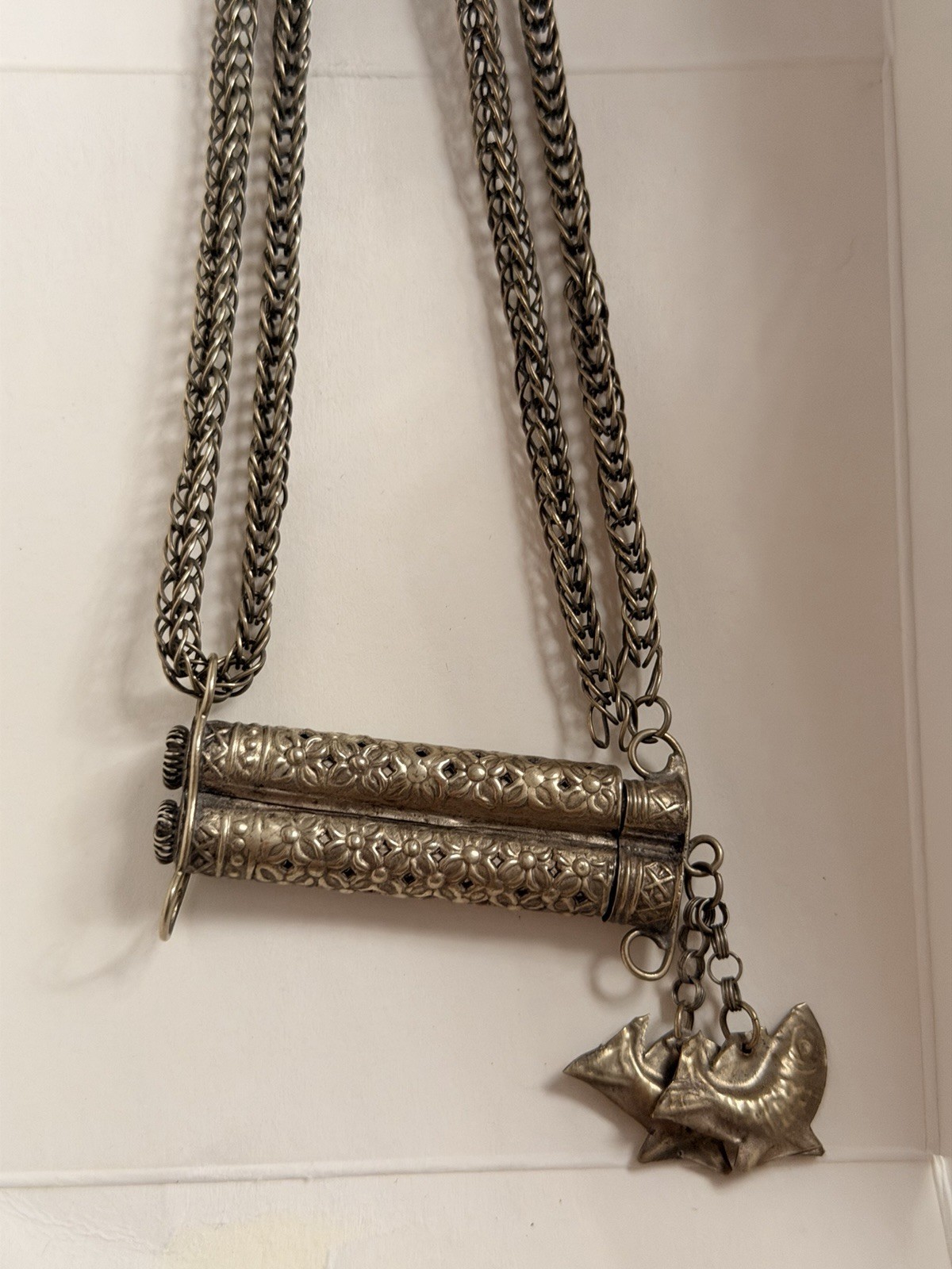 Vintage Tibetan Double Prayer Scroll Tube Necklace Fish Charms Pendant 29g Rare