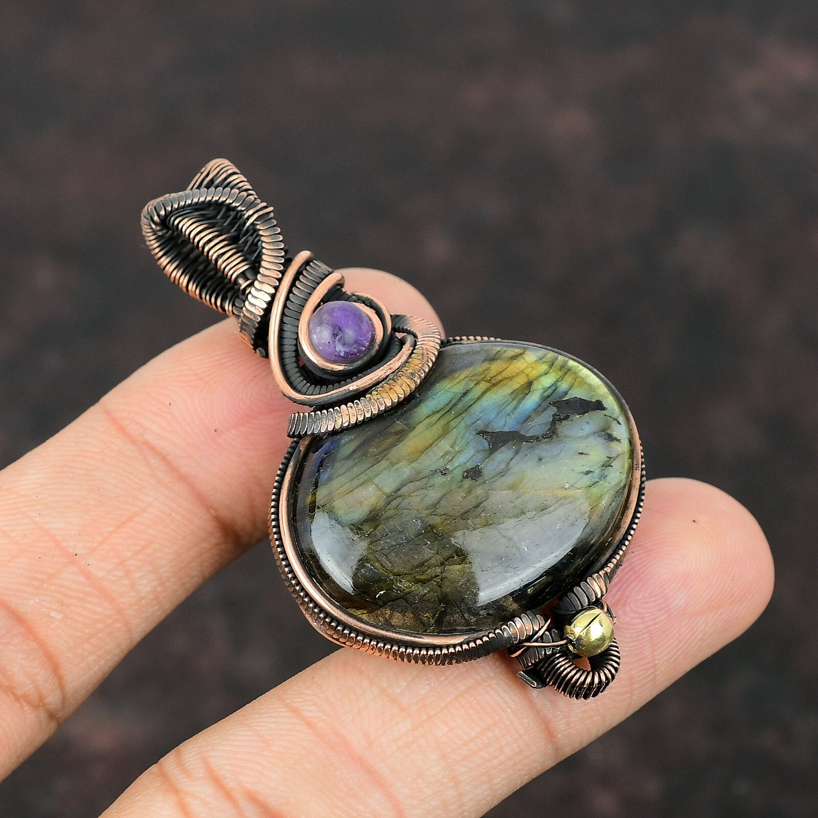 Labradorite Gemstone Jewelry Copper Gift For Bestie Wire Wrapped Pendant 2.44″
