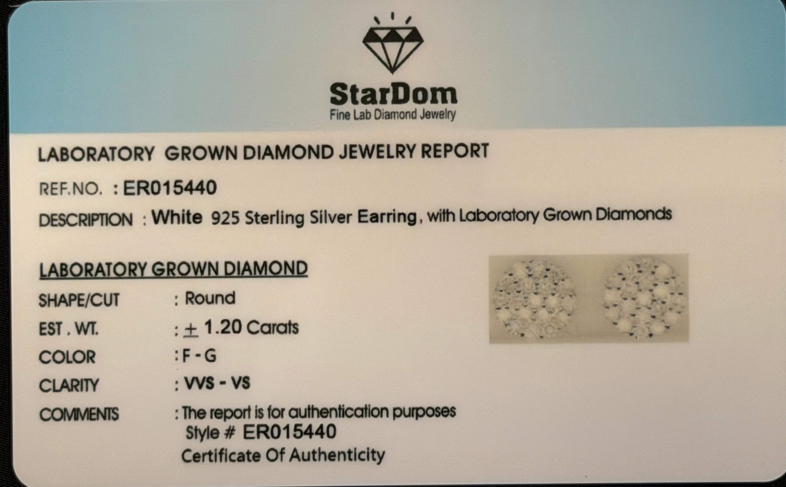 1.20 CARAT CERTIFIED LAB GROWN DIAMONDS 10 MM STERLING SILVER RHODIUM PLATED STU