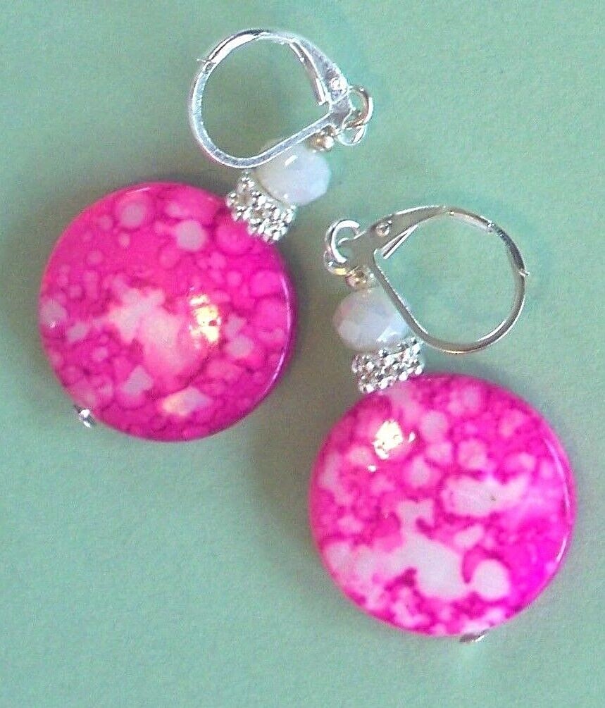 Pink Splash SHELL White Crystal earring LEVERBACK artisan XX