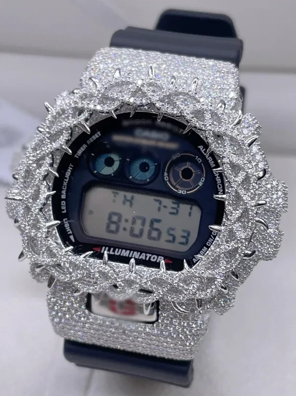 Original Casio G-Shock DW6900 925 Silver VVS Moissanite Thorn Iced Watch