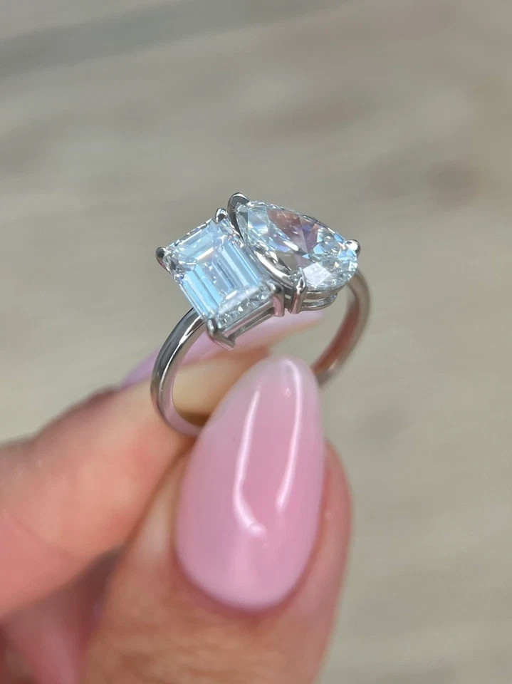 Pear & Emerald Cut Diamond Ring 14k White Gold 4 Ct Lab Grown IGI VVS E F