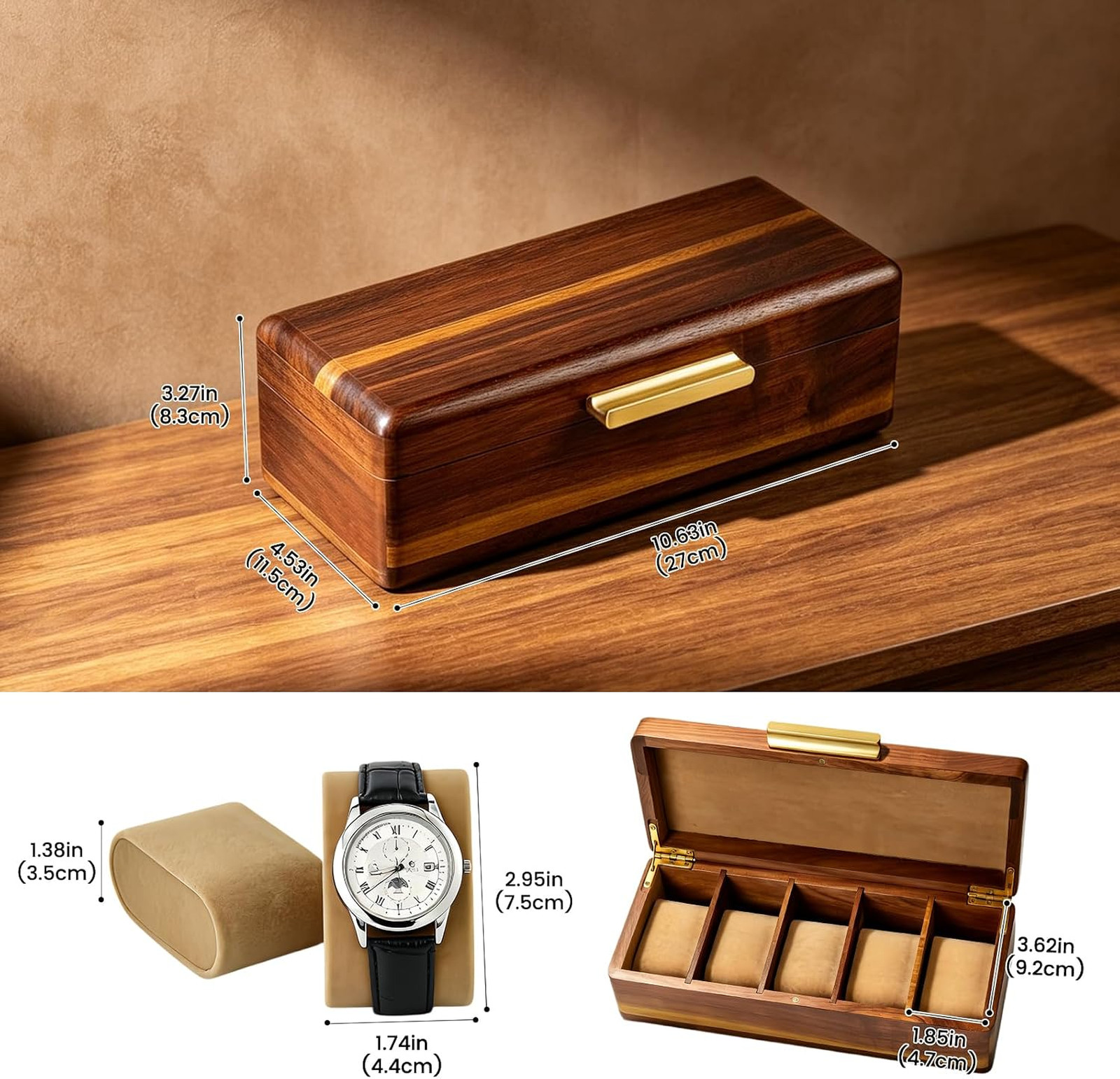 Watch Storage Case for Men Acacia Wood 5 Slot Organizer with Velvet Pillows