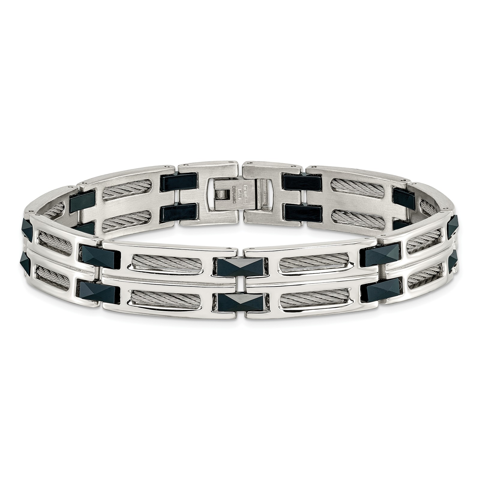 Chisel Stainless Steel Polished with Dark Blue Ceramic and Cable Inlay 8.75 inch
