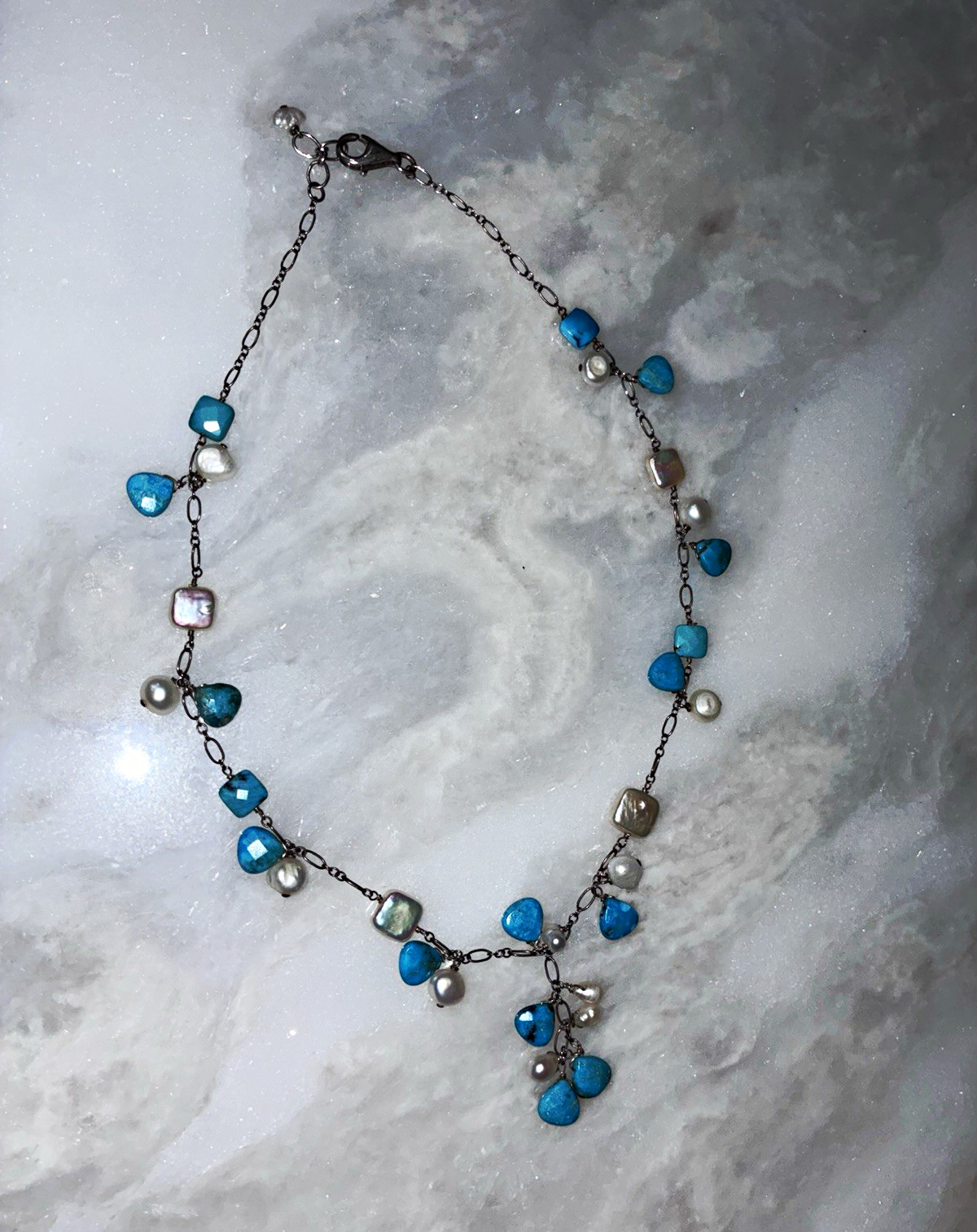 Vintage Boho 925 Sterling Silver Turquoise Pearl Dangle Necklace 17” Adjustable