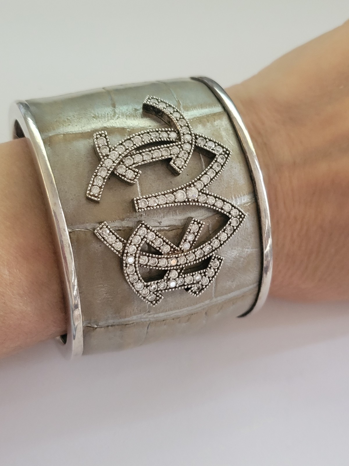 RALPH LAUREN Purple Label 925 Cuff alligator Crystal Taupe beige Bracelet RARE