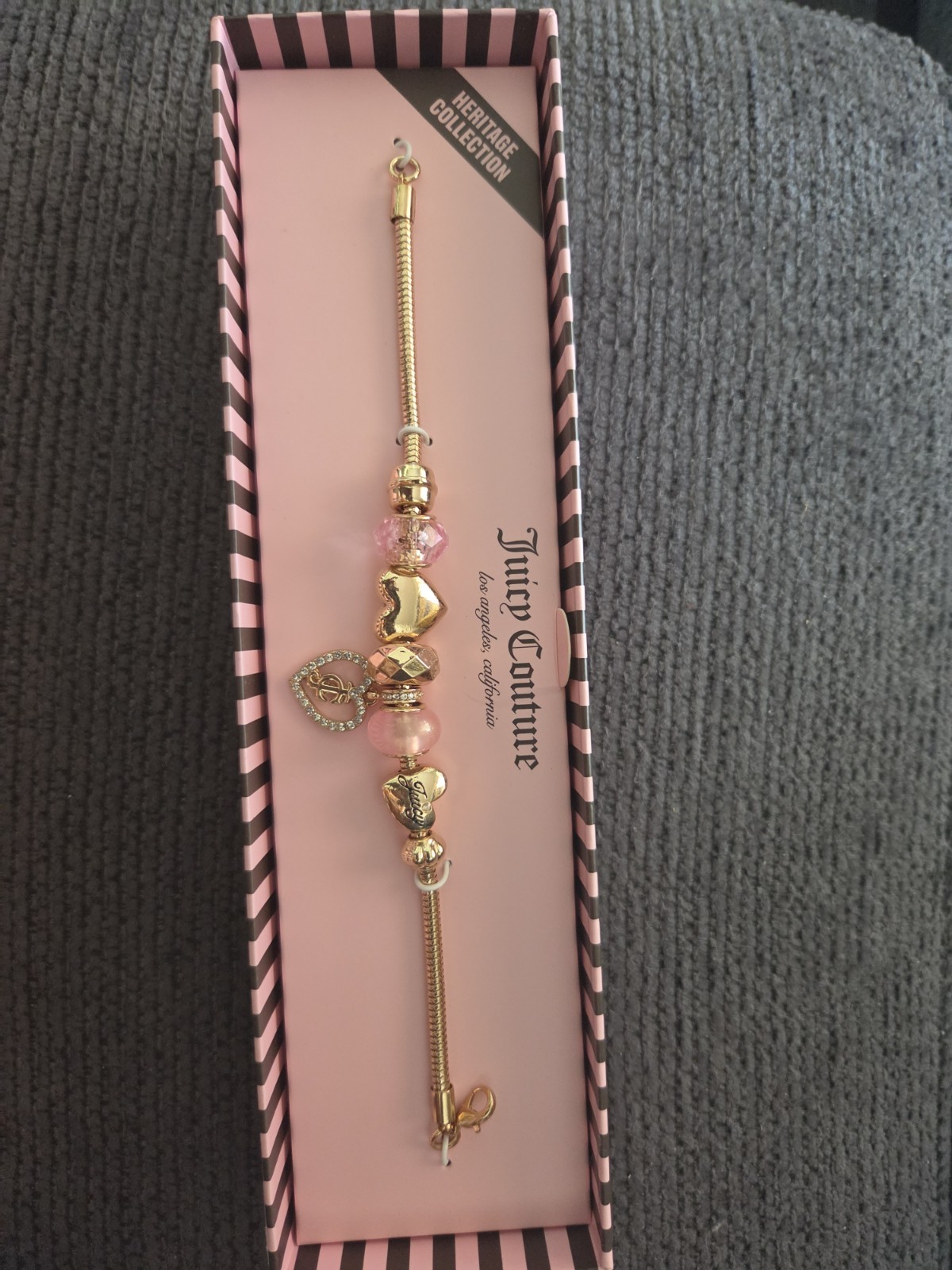 Juicy Couture Bracelet Gold Heart Lock Crown Key Green Pink Beaded Charms New