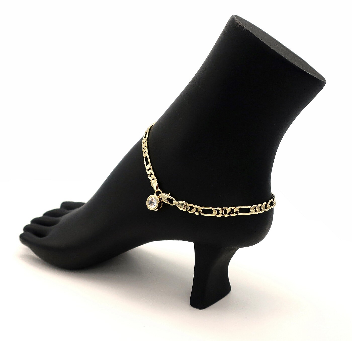 10″ ITALIAN FIGARO LINK CHAIN ANKLET CUBIC ZIRCONIA ANKLE BRACELET GOLD PLATED