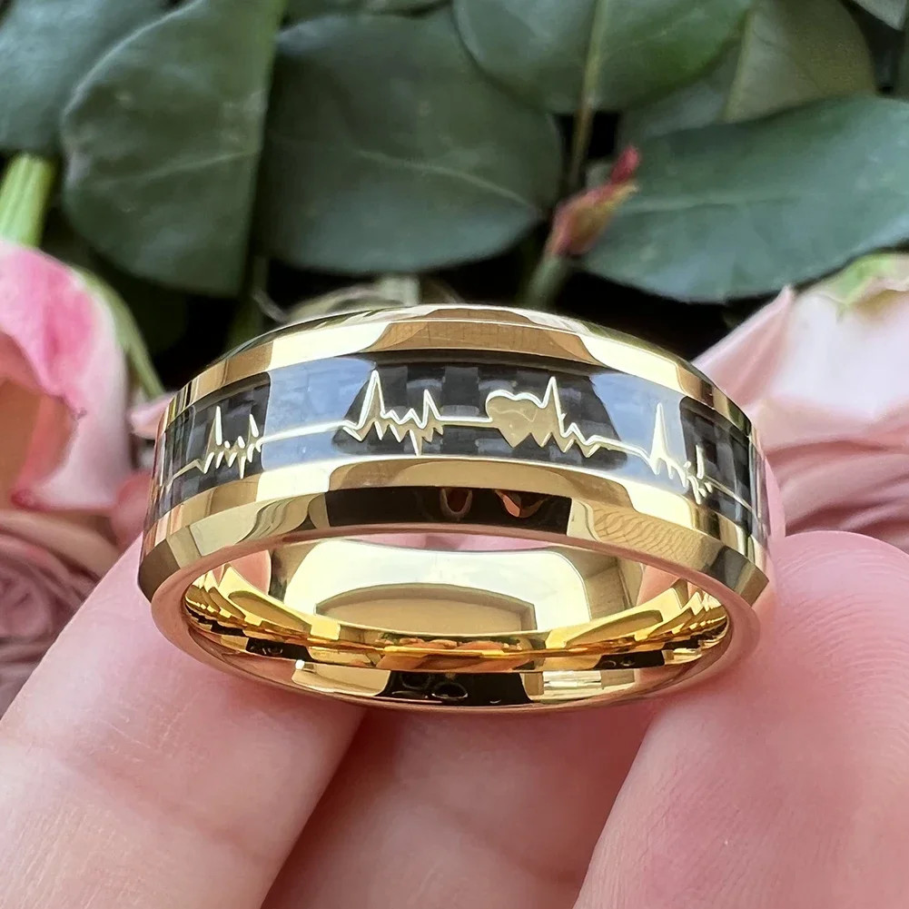 8mm Carbon Fiber Heart Inlay Tungsten Carbide Wedding Band Ring Men Jewelry