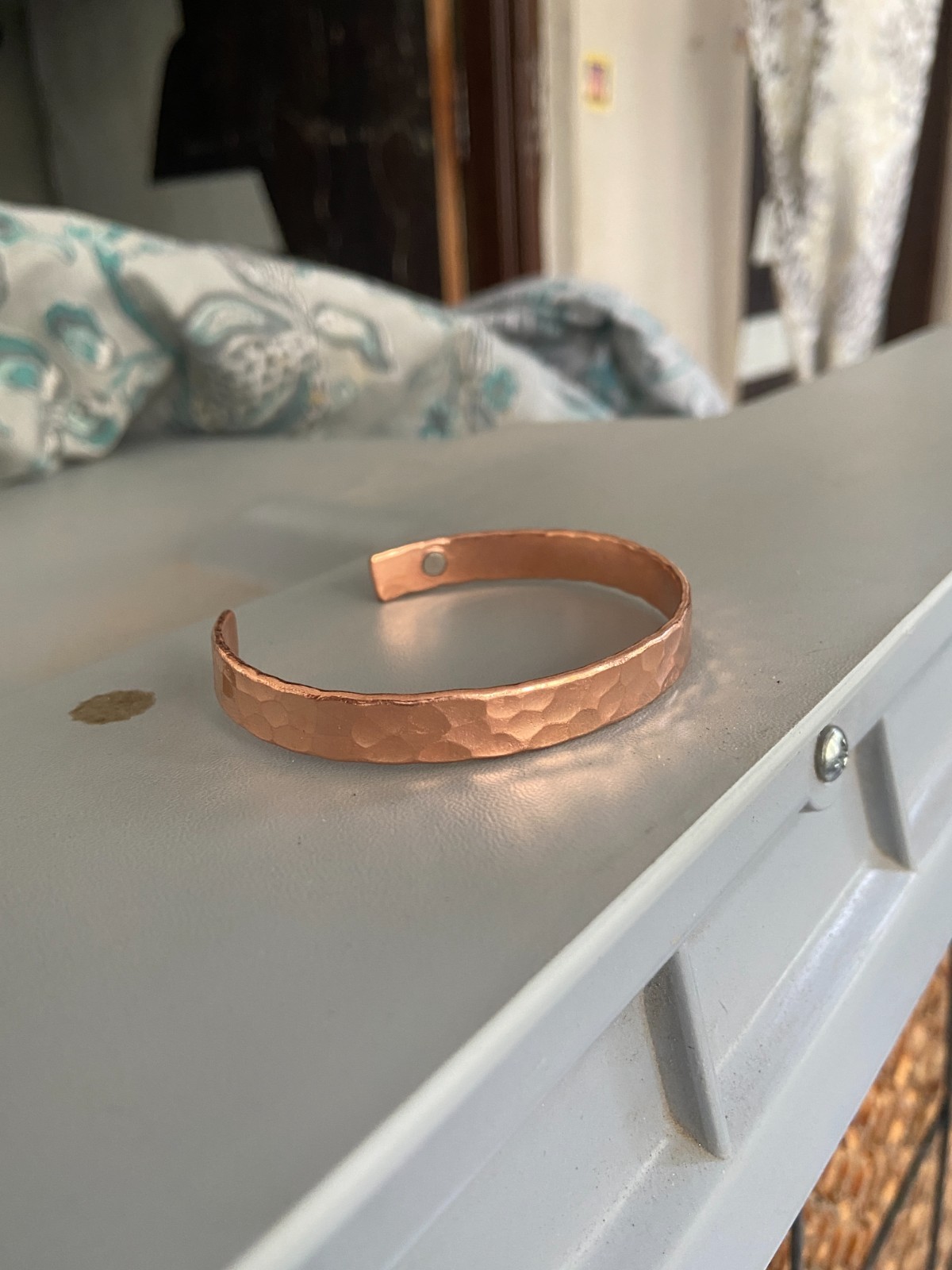Solid Copper Hammered Cuff Bracelet Magnetic Open Bangle Adjustable Unisex