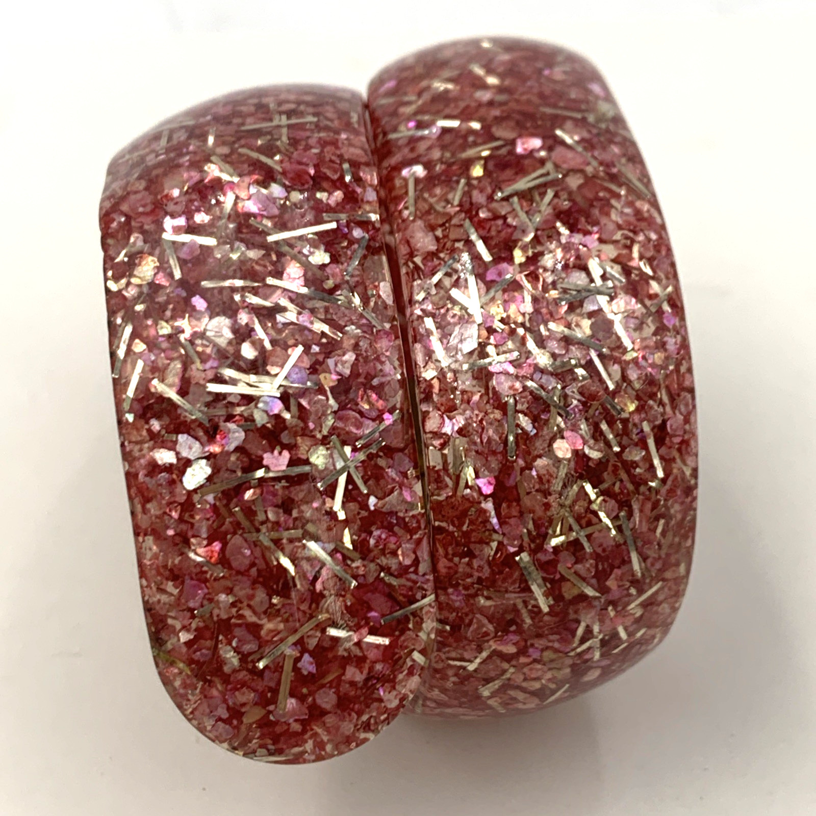 VTG Silver & Pink Glitter Confetti Lucite Clamper Hinged Wide Bangle Bracelet