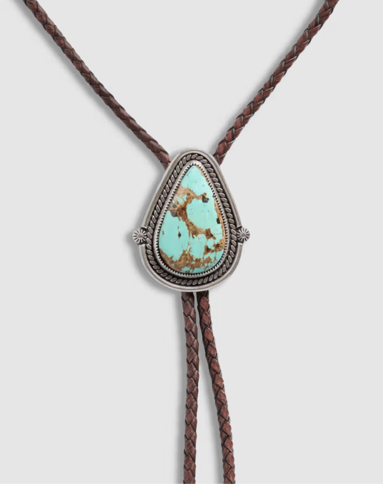 Iron Lamb Turquoise Drop Bolo Tie Handmade Leather Western Necklace Brown