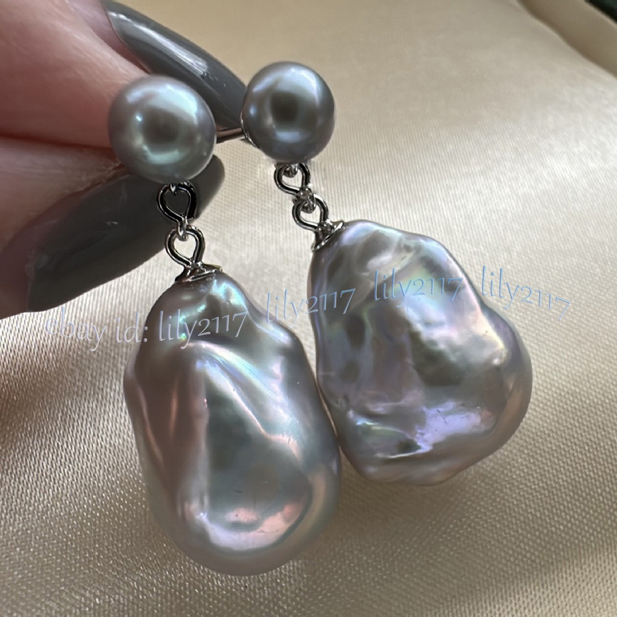 Huge Natural Silver Gray Baroque Keshi Pearl Dangle Silver Stud Earrings Jewelry