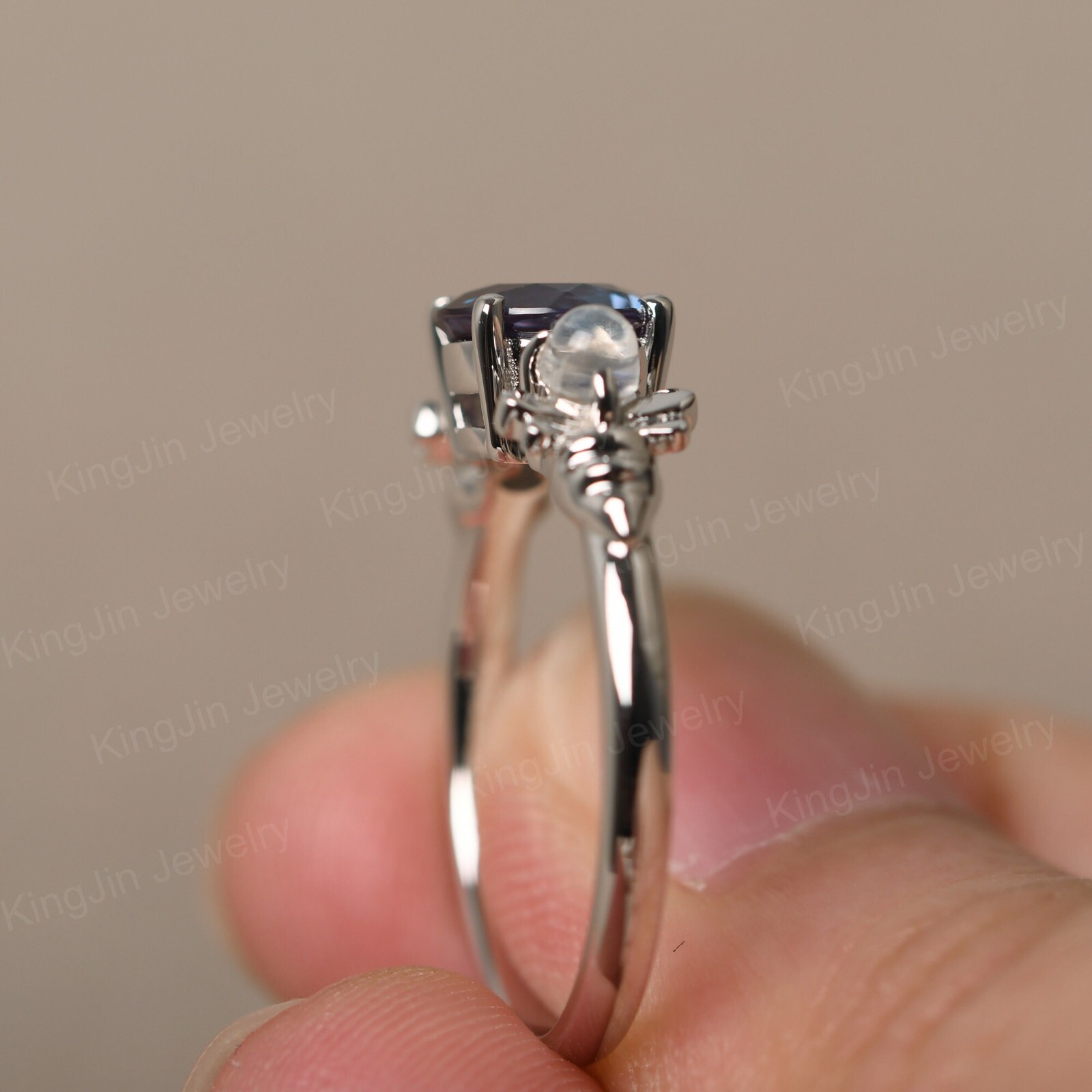 Custom 3 Stones Silver lab created Alexandrite color change and Moonstone Ring