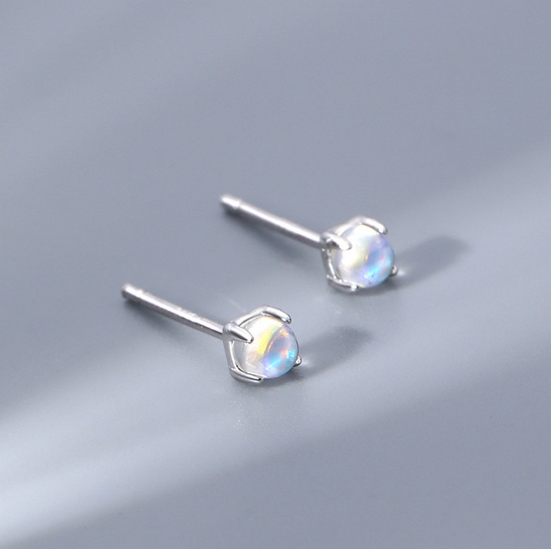 925 Sterling Silver Tiny Moonstone Opal Stud Post Earrings 5mm Gift F16