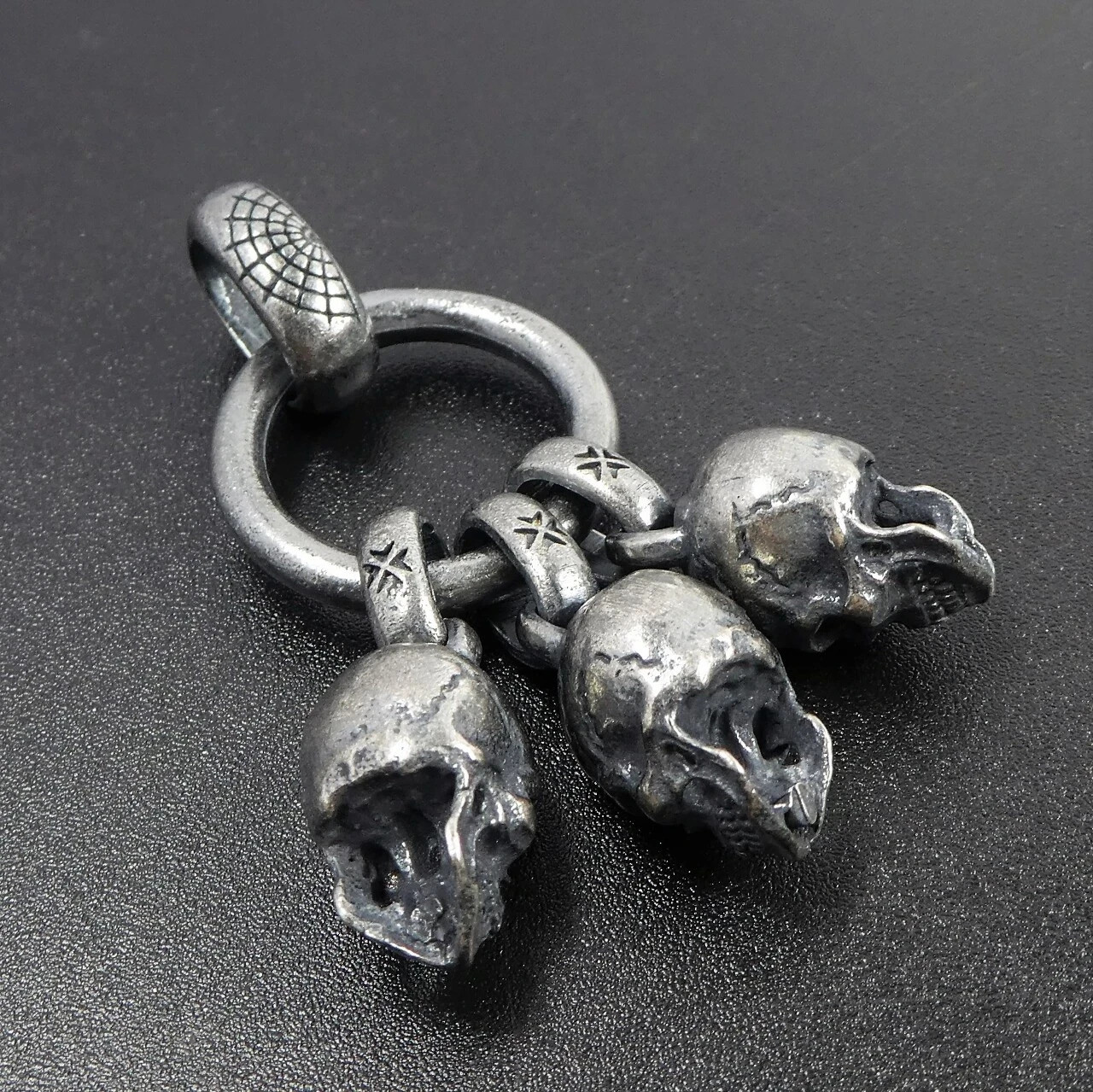 Black Silver Three Skulls on Ring Pendant Men Gothic Biker
