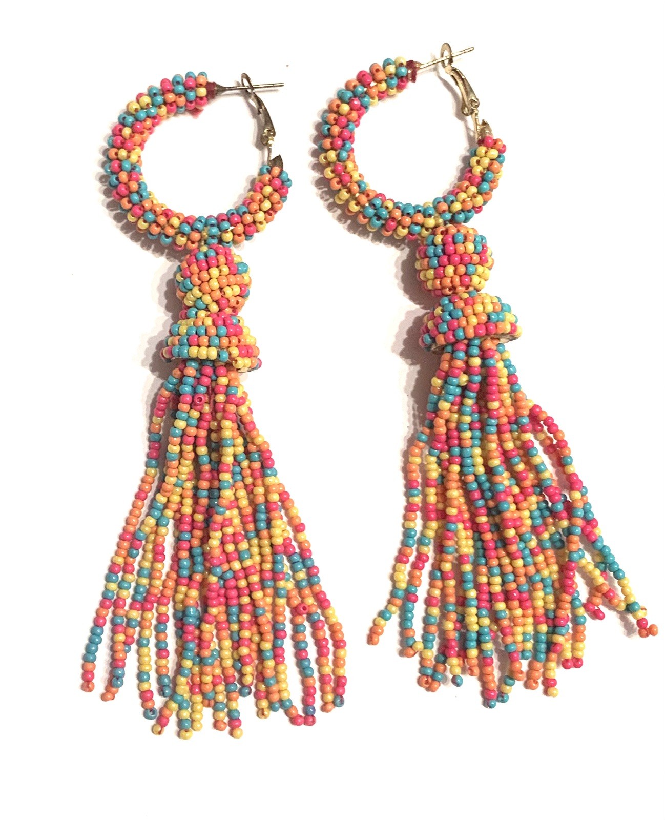 BOHO Seed Bead Earrings Fringe Tassel Bohemian Dangle Rainbow C Loop