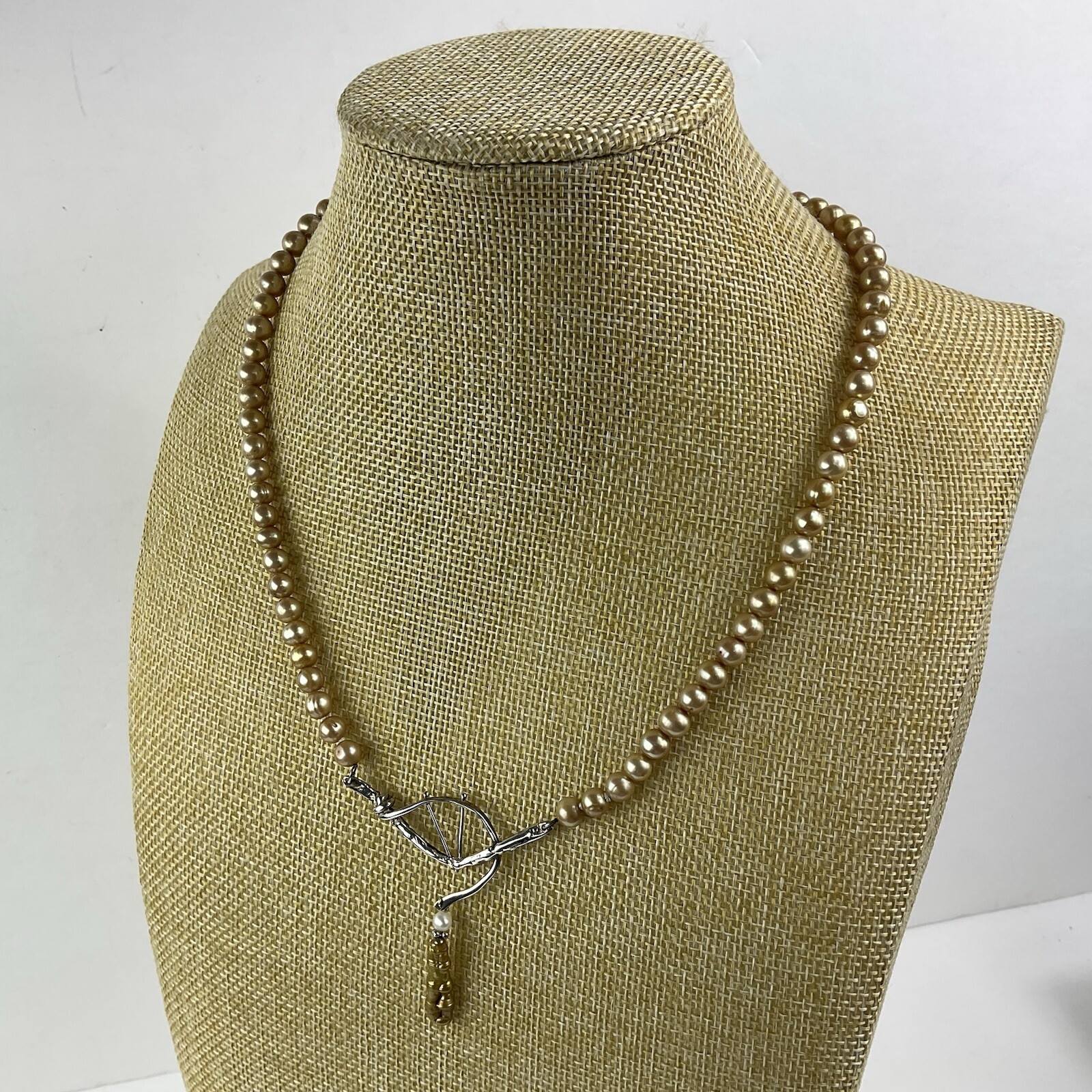 Artisan Sterling Silver Baroque Dangle Pendant Necklace Golden Pearl Near Round